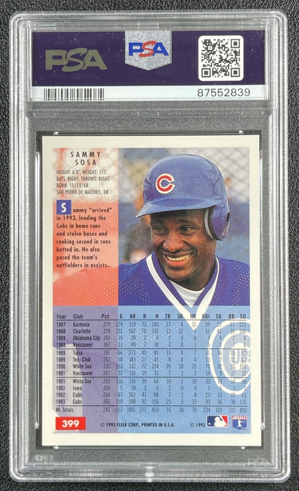 SAMMY SOSA PSA 10 1994 FLEER BASEBALL #399 CUBS 2839 view 2