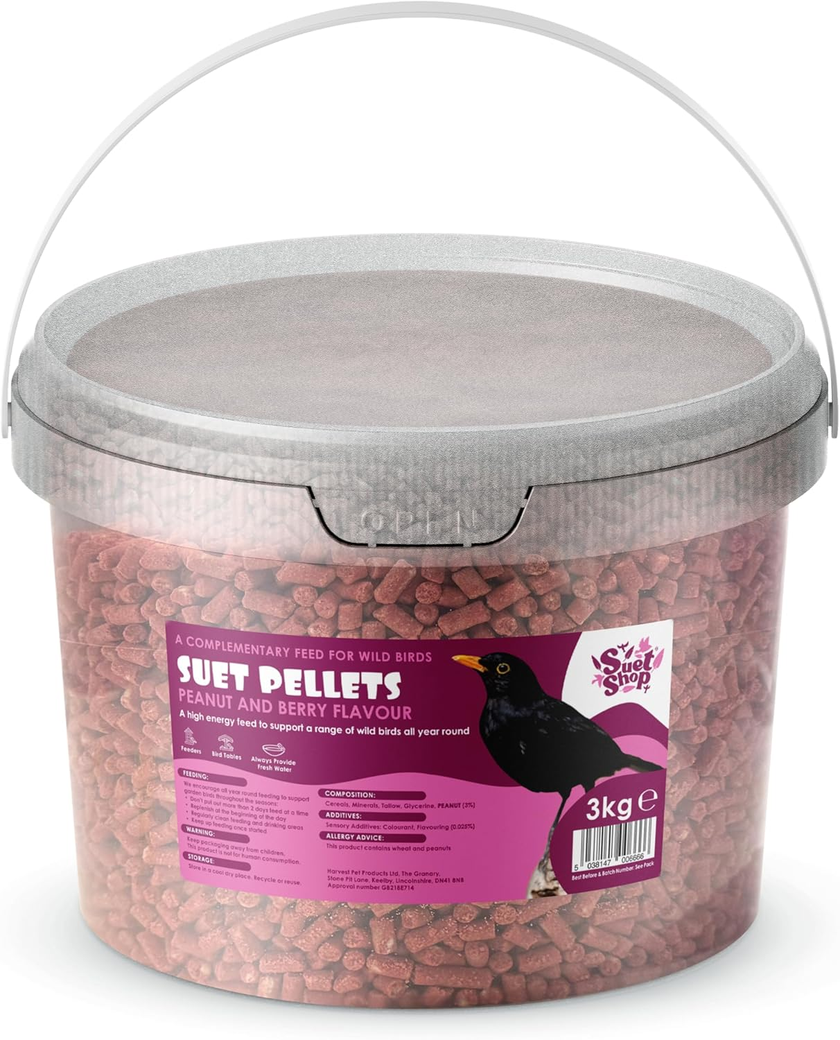 Peanut & Berry Flavoured Suet Pellets, 3Kg Resealable Tub - Wild Bird Food