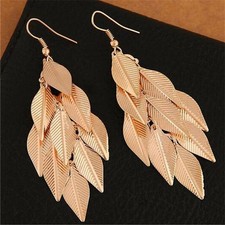 Women Silver Long Leaf Statement Earrings Feathers Drop Party Dangle Jewelry