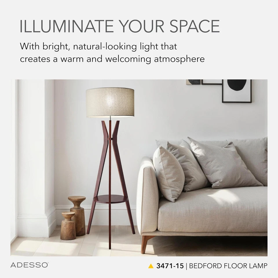 Lámpara de Pie con Madera de Nogal y Avena Lino Pantalla - 3 Vías Ajustable Br... Foto 2 de 4