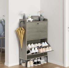 Shoe Cabinet 2 Flip Drawers Adjustable Dividers Compact Hallway Storage Grey
