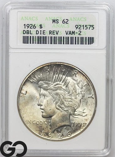 1926 Peace Dollar Double Die Rev Vam-2 ANACS MS 62 ** DDR Top-50, Nice!