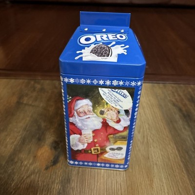 Oreo Cookie Milk Carton Collectible Tin Christmas Container Santa Claus Canister