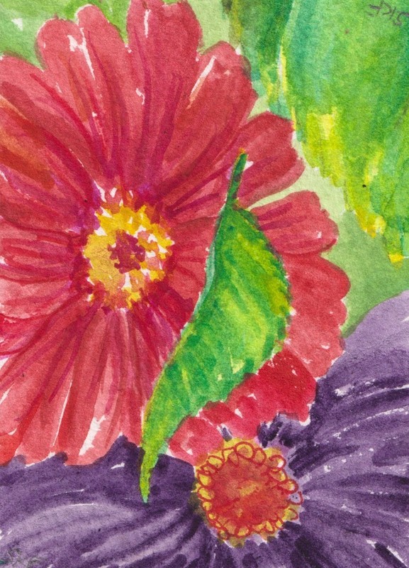 Original ACEO Colorful  Zinnias Watercolor Painting art by Sharon Foster