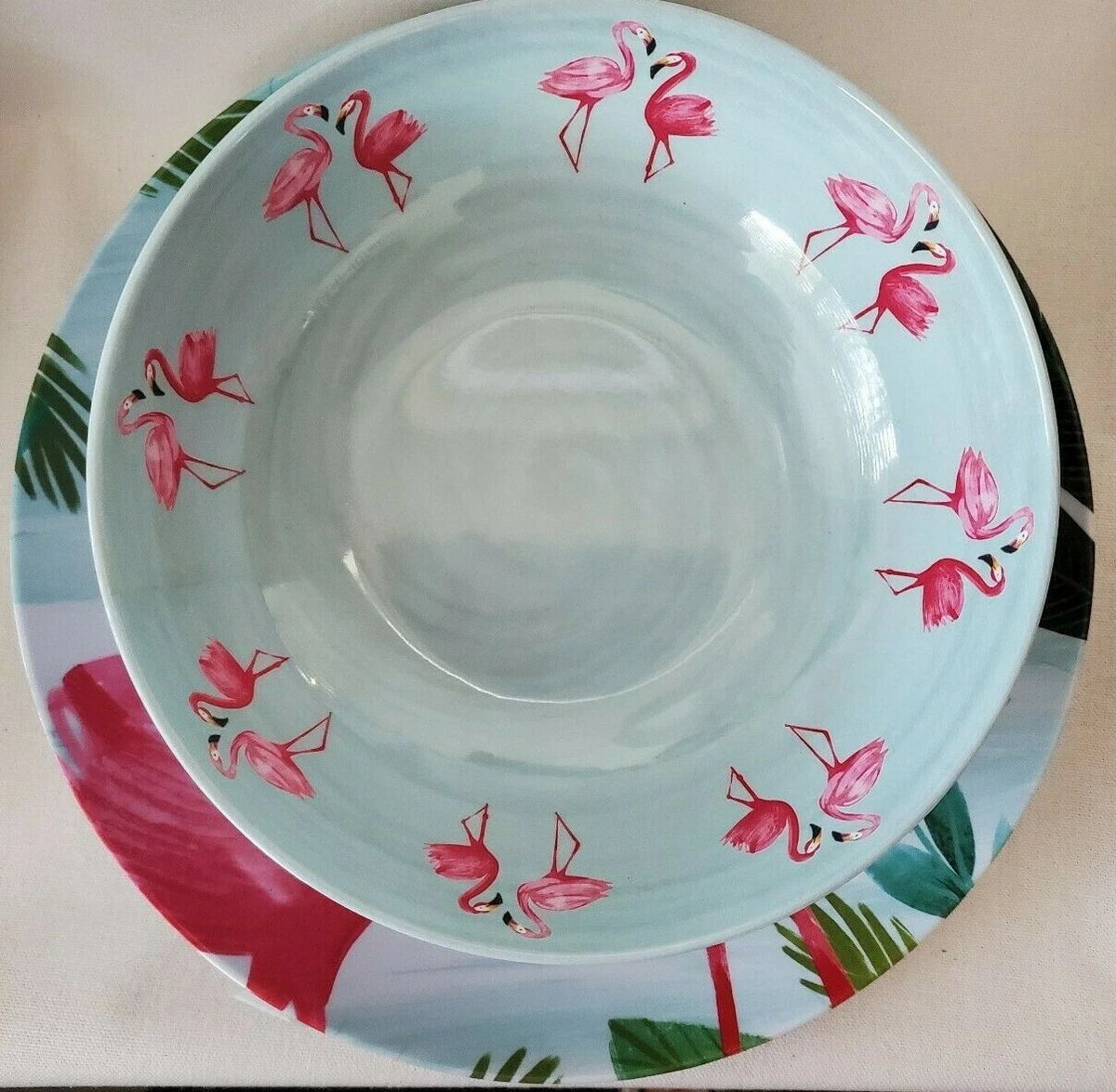NEW TOMMY BAHAMA TROPICAL FLAMINGO SET OF 4 MELAMINE DINNER PLATES 4 BOWLS