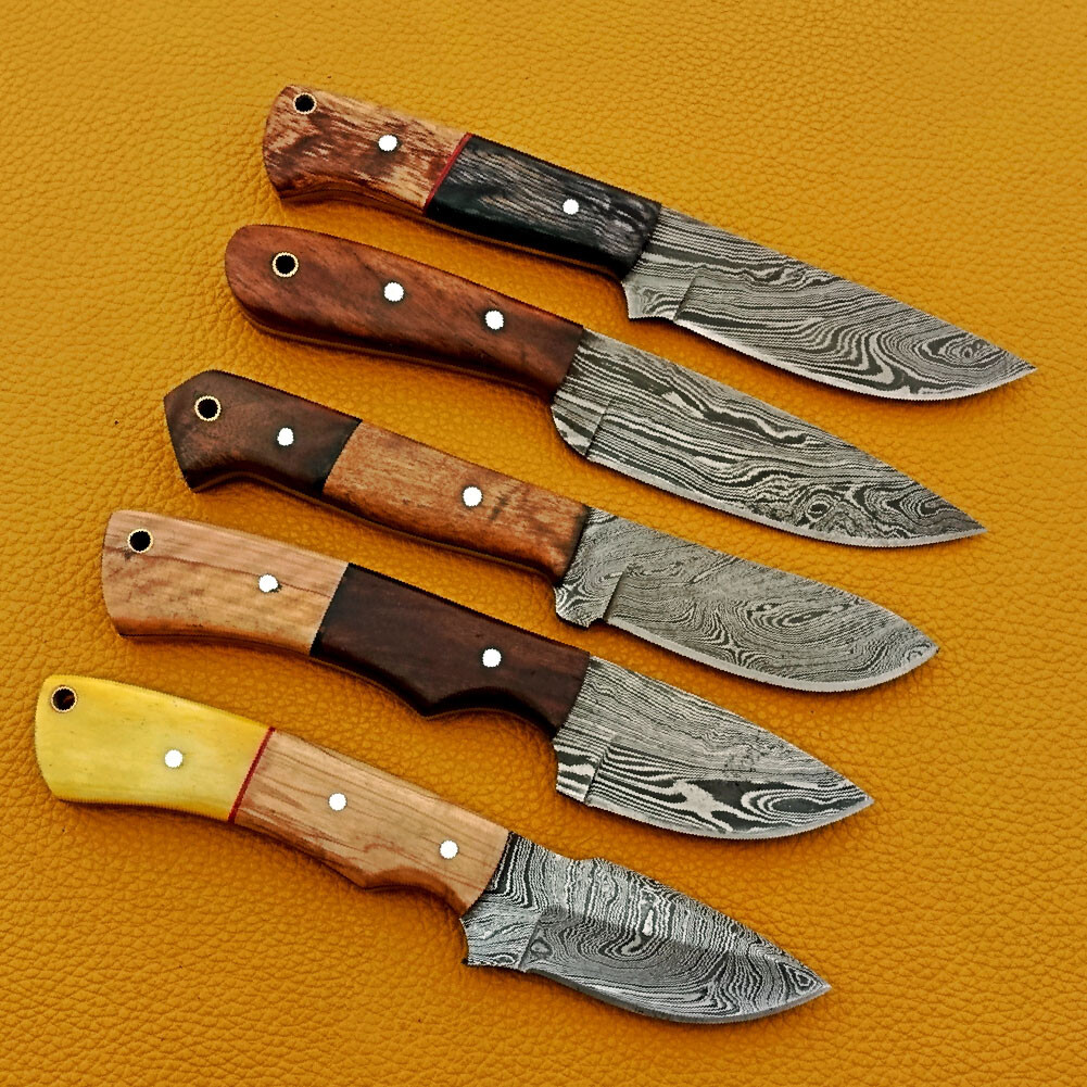 5 Pcs Knife Set, Custom Handmade Damascus Steel Hunting Knife Leather