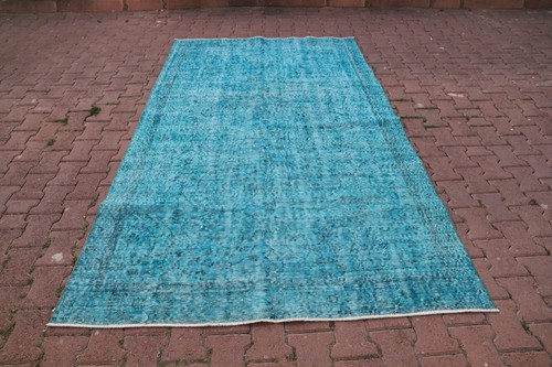 Blue Hand Knotted Vintage Carpet Anatolian Hand Knotted Overdyed Carpet 5x9 ft