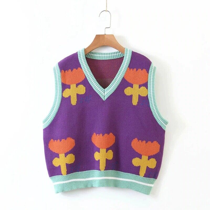 Tulip Embroidered Oversized Crop Vest Hippie Vintage Knit Loose Floral  Sweater