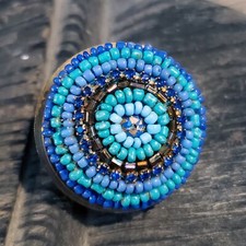 Artisan Beaded Statement Cocktail Ring India Brass Turquoise Blue Beads