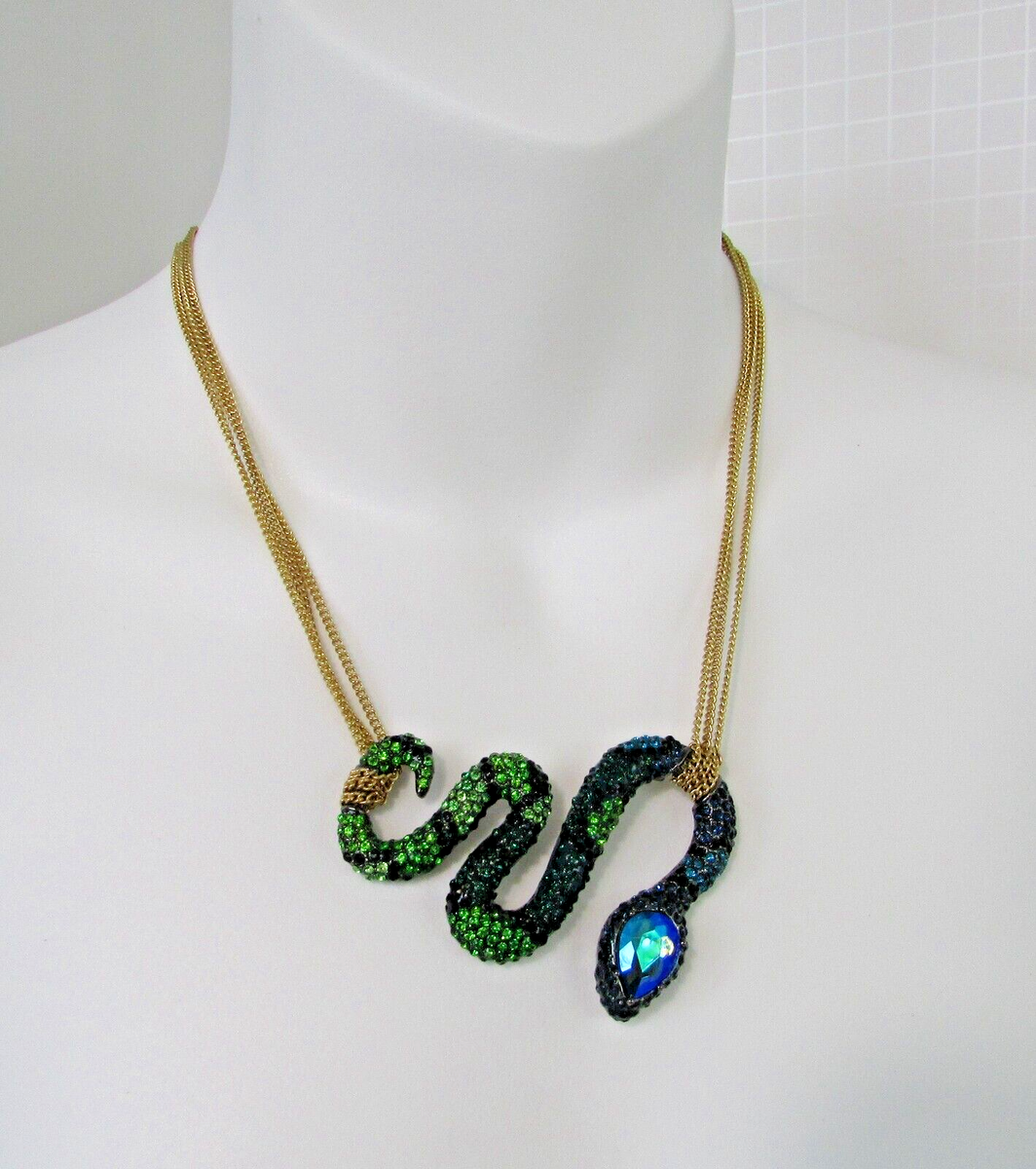 Betsey Johnson Snake Necklace Rhinestone Gold tone Gift Box RARE