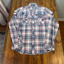 Affliction Shirt Mens Medium Blue Red Plaid Snap Button Up Skull Casual