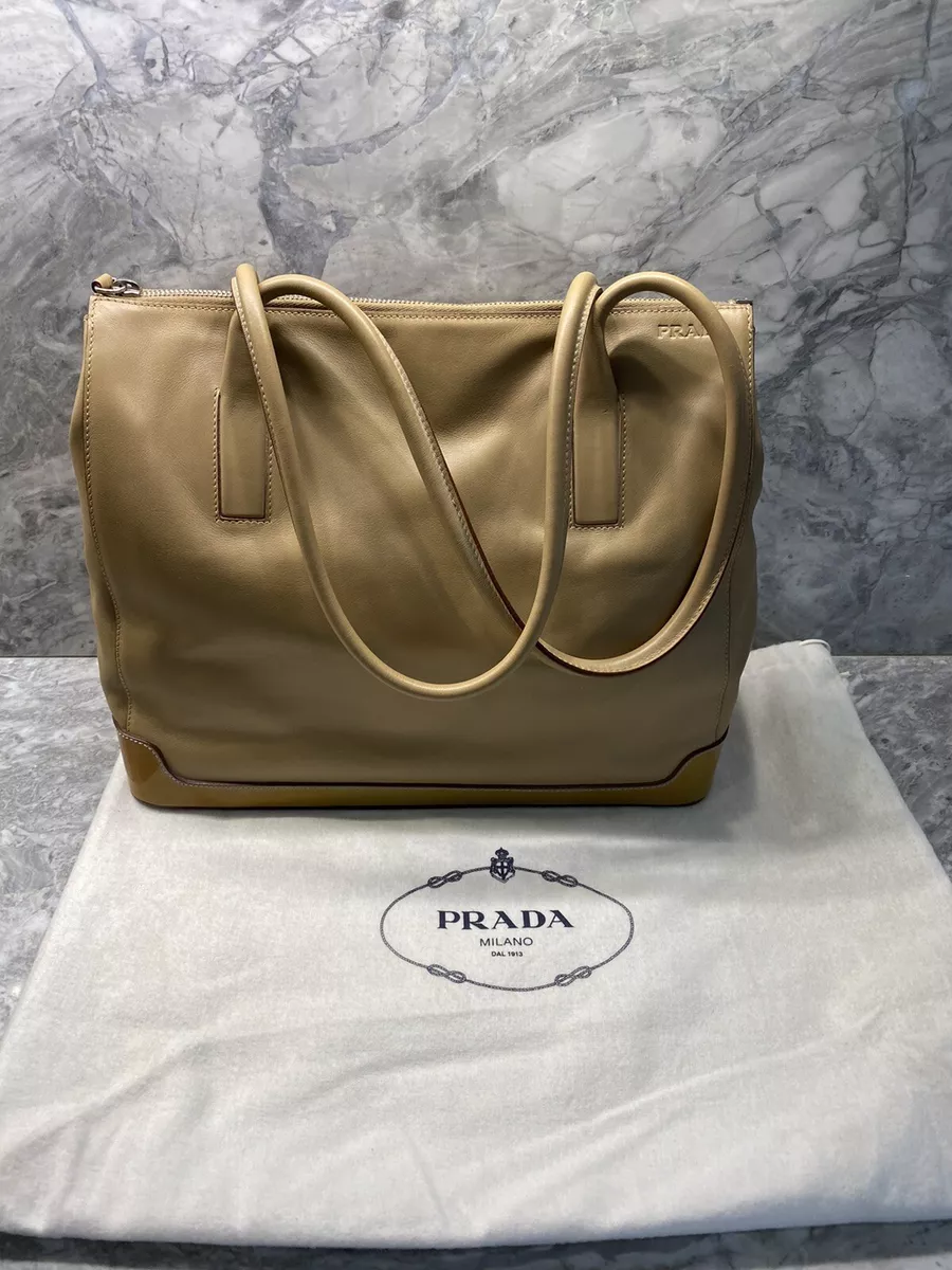New Authentic Prada Tan Leather Shoulder Bag Blue Stitching Patent Zipper Italy