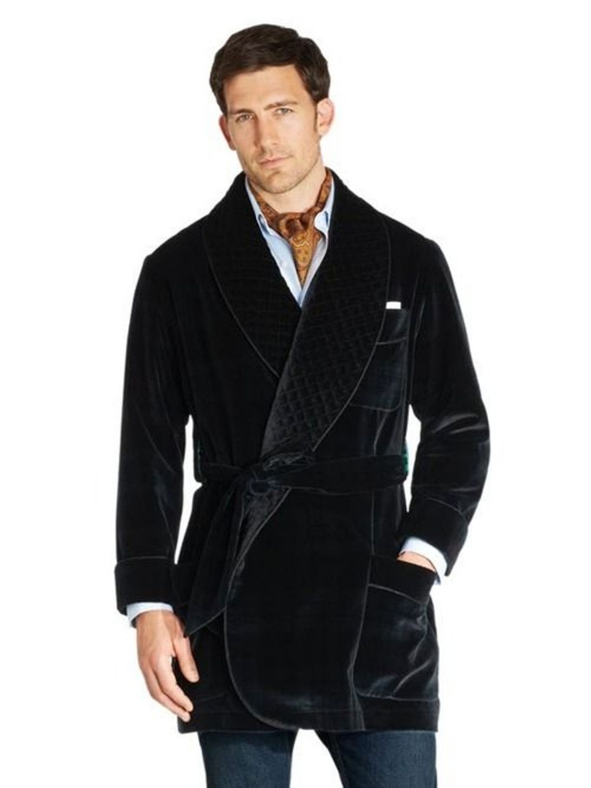 Men Smoking Jacket Dressing Gown Quilted Velvet Robe Evening Dinner