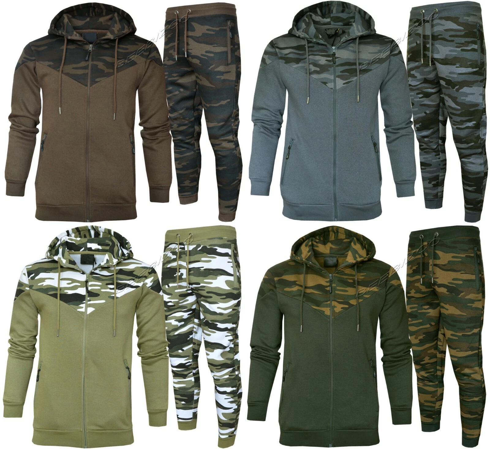 Mens Slim Fit Tracksuit Camouflage Zip Up Hoodie Tapered Joggers Fleece S - 2XL