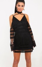 Pretty Little Thing Nina Black Lace Cold Shoulder Tie Neck Shift Dress Sz8
