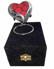Red/Silver Heart Keepsake Urn Pets Mini Small Handcrafted Cremation W/ Stand