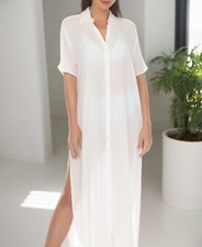 Raviya Women's White Collared Button Down Unlined Maxi Dress Cover Up NWT