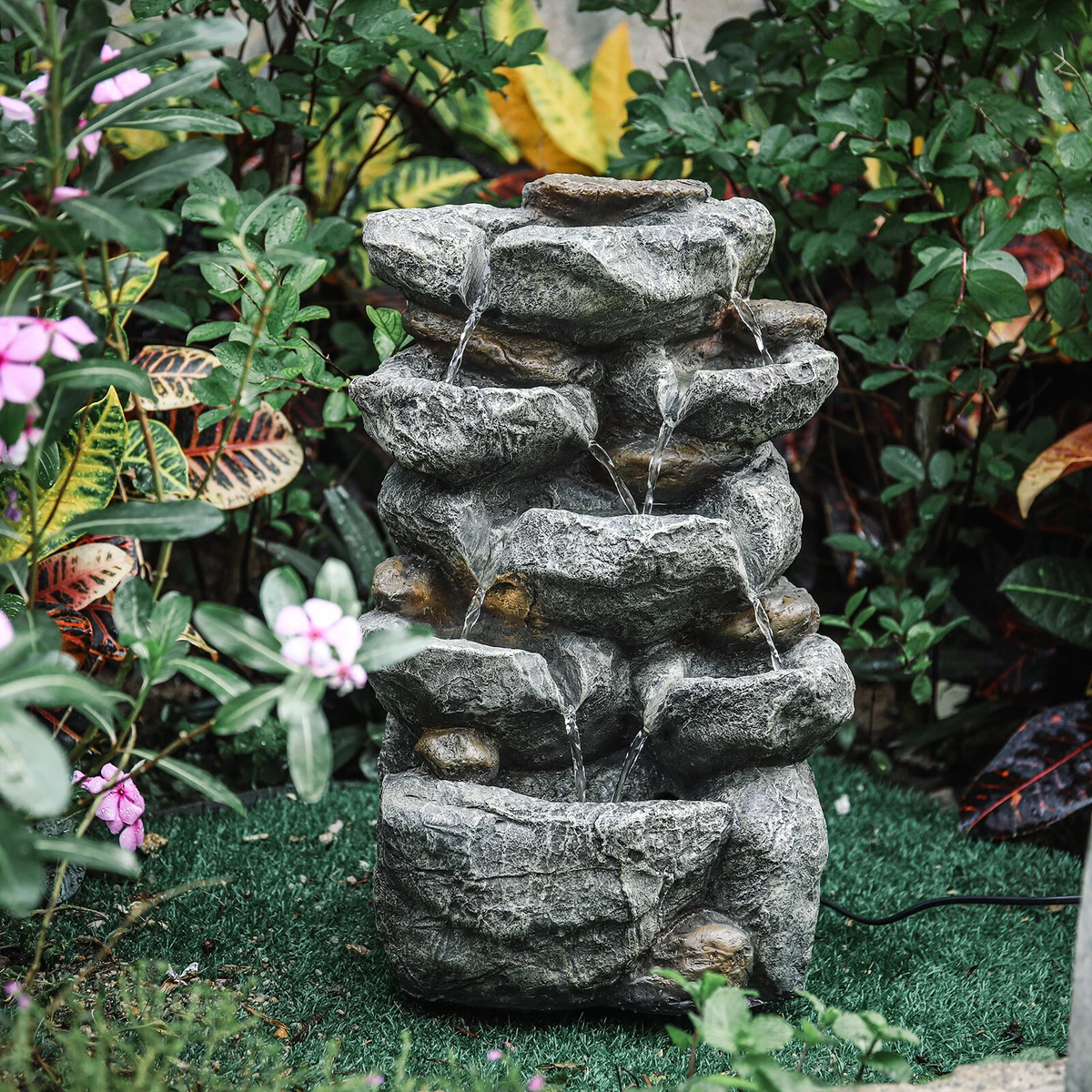 Rock Fountain Garden Water Feature Electric Freestanding LED Pump Fountain Decor