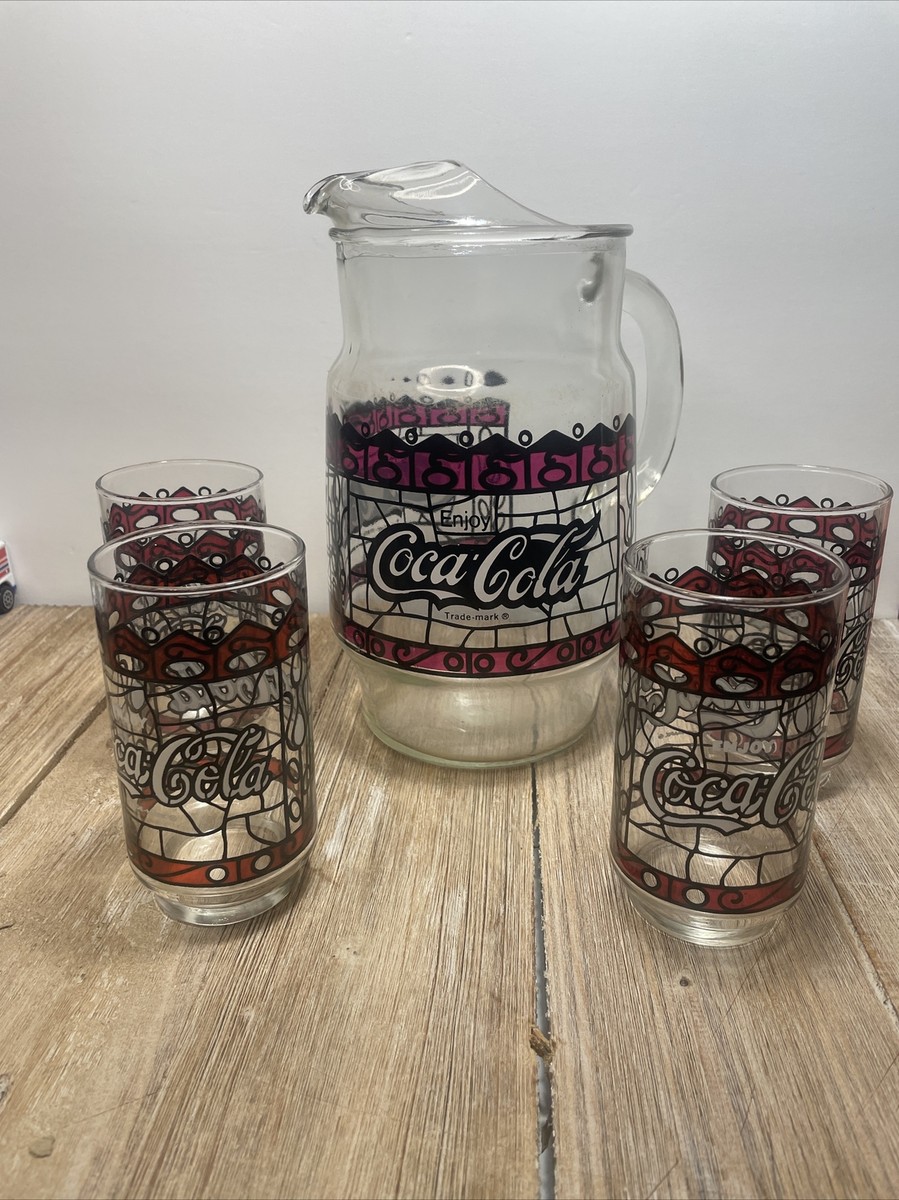 Vintage 1970s Coca Cola Pitcher & 4 Glasses Red Stained