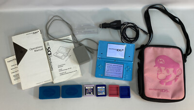 Nintendo DSi Lite Teal Handheld Console Huge Bundle Games Chargers Carry Bag