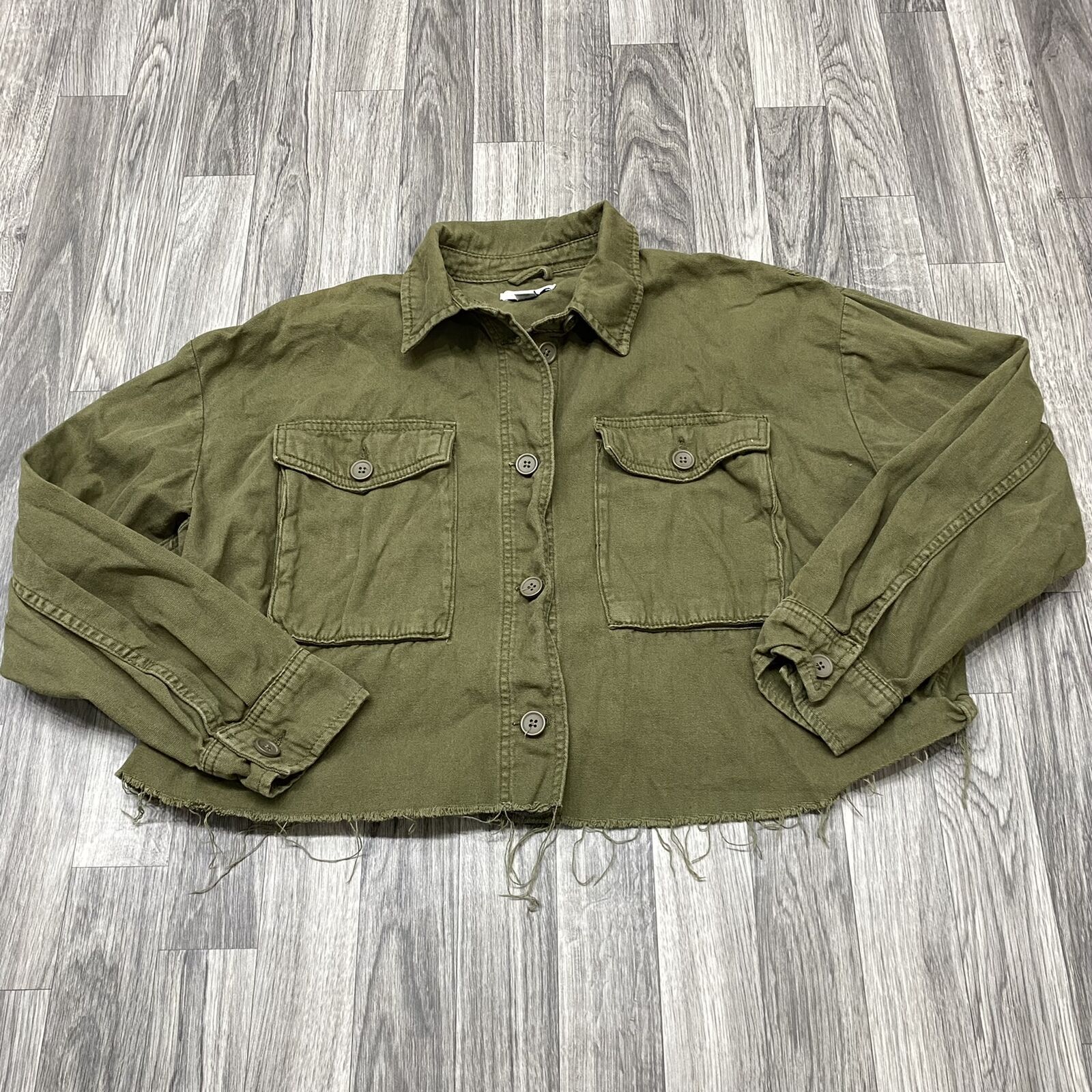 TOPSHOP Button Down Cropped Collared Green Casual… - image 5