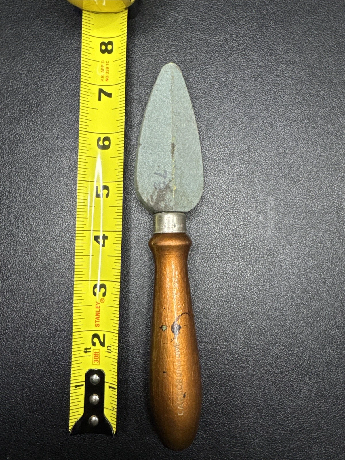 Vintage Carborundum Knife Sharpener Stone With Copper Tone Wooden Handle 7-1/2”