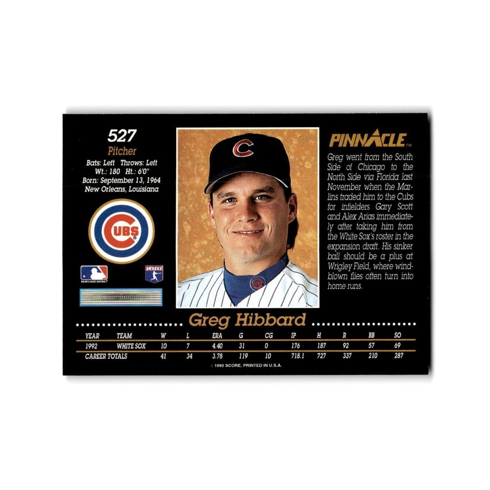 Greg Hibbard 1993 Pinnacle #527 Chicago Cubs Baseball Card NM - Image 2 of 3