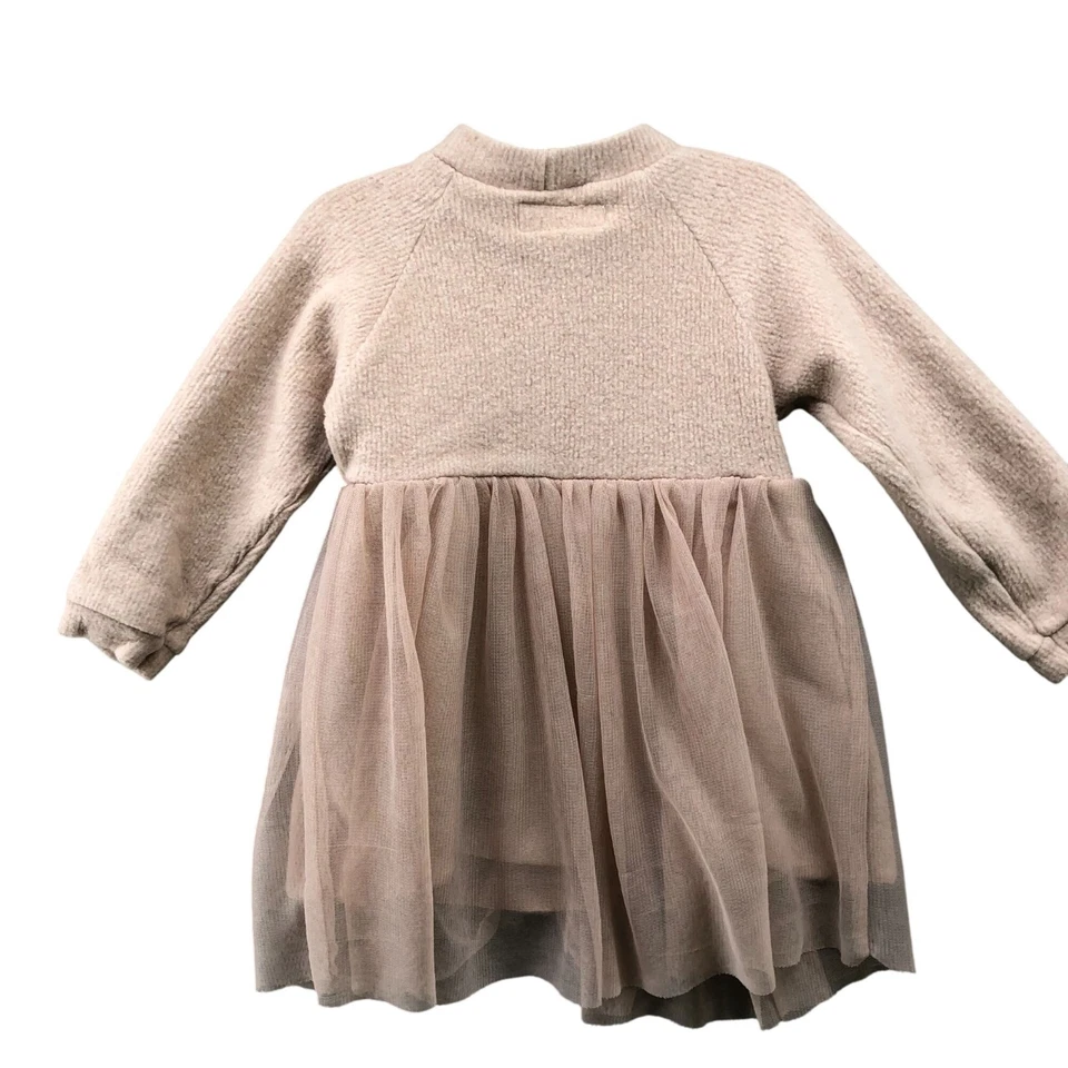 Zara 女孩 2T 抓绒薄纱连衣裙粉红色尘土飞扬长袖秋冬模拟领 — 第 2/4 张图片