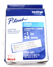 P-Touch Brother Genuine TZe251 Black 1" Print on White Label Tape 0.94" x 26.2ft