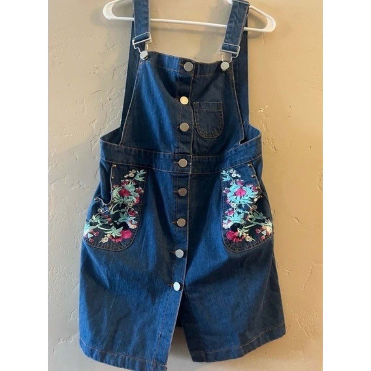 POL Vintage  Blue Denim Floral Embroidered Button Front Overall  Mini Dress L