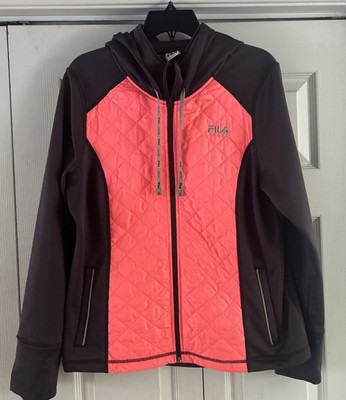 FILA Sport Hooded Jacket Womens Large Full Zip Black Pink Running NWOT fleece 