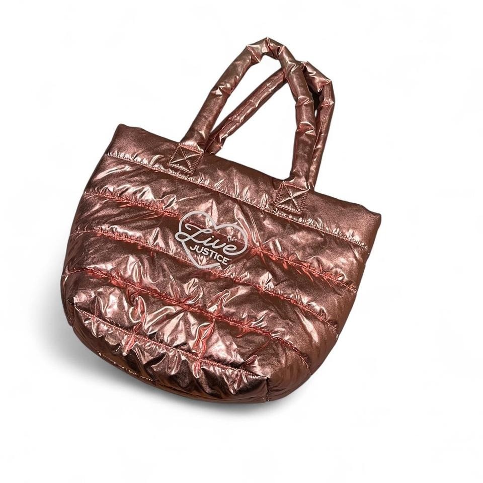 Pink metallic faux leather Live Justice logo tote bag