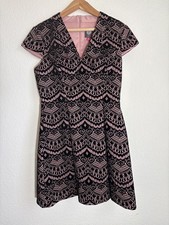 Vince Camuto Dress 10P Petite Black Pink Lace Overlay Cap Sleeve Fit & Flare