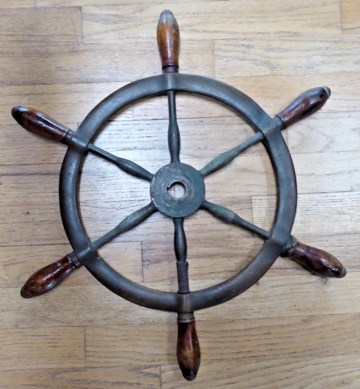 VINTAGE BRASS ? & WOOD SHIP BOAT WHEEL 6 SPOKE NAUTICAL MARINE 20 1/4" - 9 1/2 #