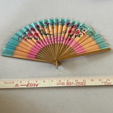 Vintage Wooden  Paper Hand Fan Fold Up 1930-1940s Japan Floral