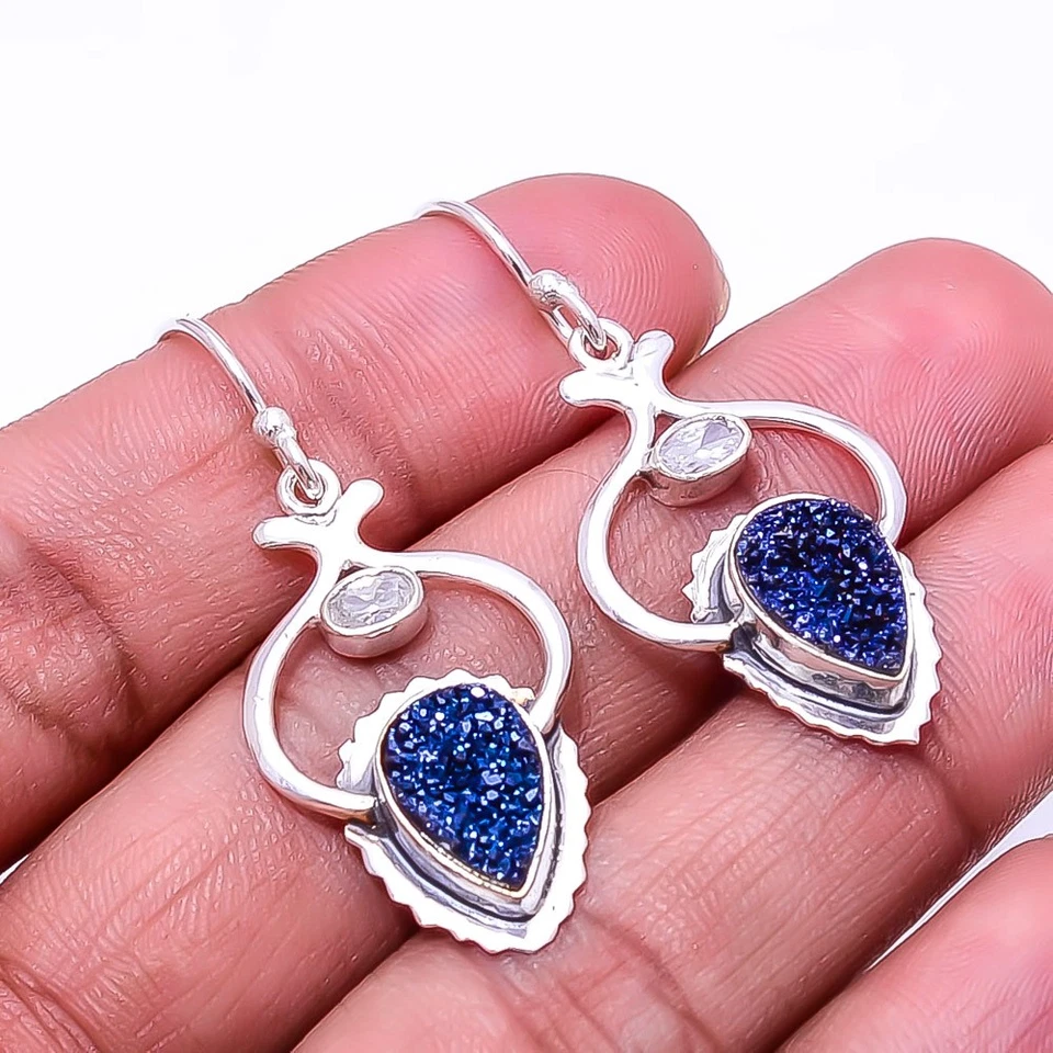 Electric Blue Titanium Agate Drusy 925 Sterling Silver Earring 1.72" E_9437_2348 - Image 3 of 4