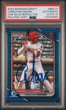 2024 Bowman Chrome Christian Moore Blue Refractor /150 PSA 10 Auto BDC-13 1st RC