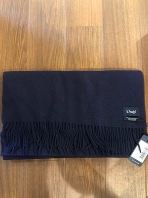 Drakes Navy Wool Cashmere Stole oversized scarf Fringe made in Scotland Rare
