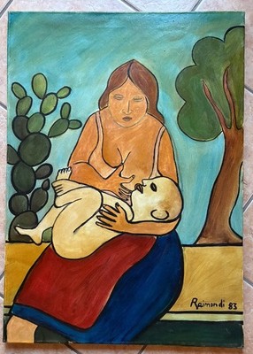 Stillende Mutter und Kind, Frau, italienisches Ölgemälde, signiert.
