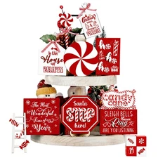 14 Pcs Christmas Tiered Tray Decor Rustic Christmas Decorations Snowman Santa...