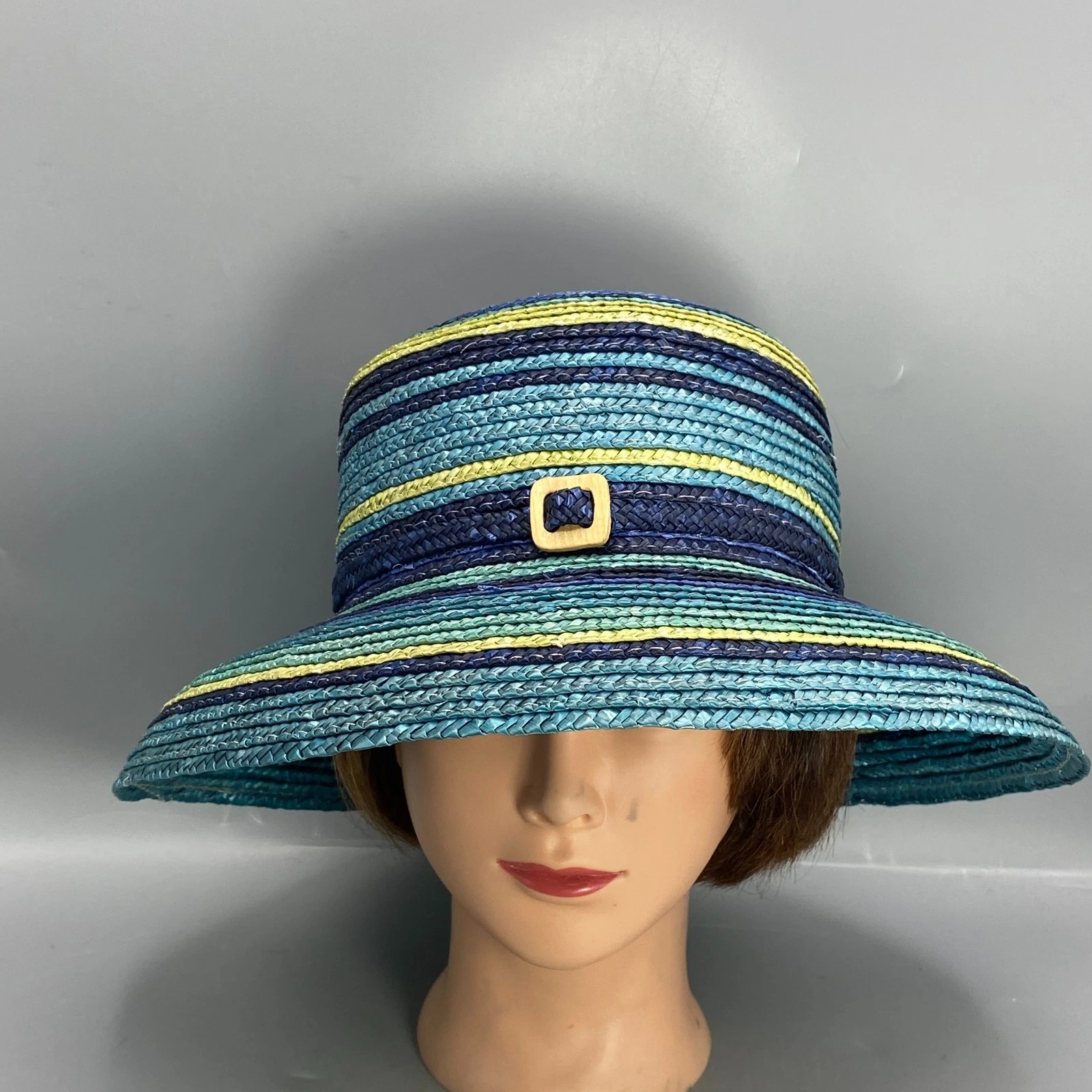 Womens Sun Hat OSFM Teal Blue Straw Striped Sun Protection Beach Wear Classic