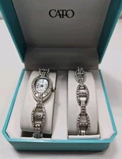 Cato Womens Watch And Bracelet Set Silver Tone Jeweled New Battery 