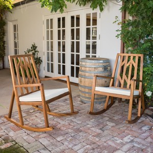 Wooden Rocking Chair Set Of 2 Solid Acacia Wood W Cushions Outdoor Teak Finish Cushions Outdoor Teak Finish, Cushions For Outdoor Wood Rocking Chair