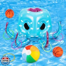Kids Octopus Pool Toys, 2-in-1 Inflatable Basketball Hoop and Ring Toss Games
