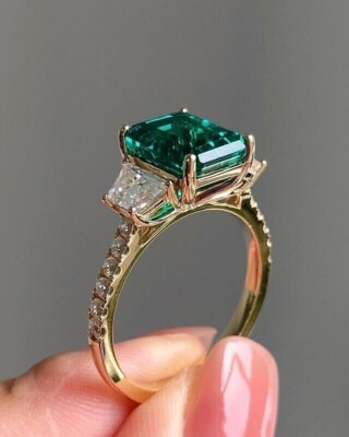 14K Yellow Gold Plated In 3Ct Emerald Simulated Emerald Three Stone Wedding Ring