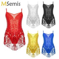 Latin Jazz Dance Dress Gym Kids Girls Shiny Sequins Tassel Fringe Mesh Costume