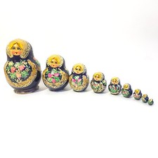 Vintage Mega Russian Matryoshka 9 Piece Nesting Dolls Hand Painted Blue