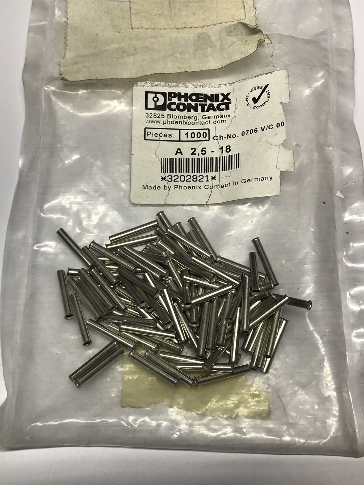 100 x Phoenix Contact A 2,5 - 18 - 18mm Crimp Bootlace Ferrule 3202821