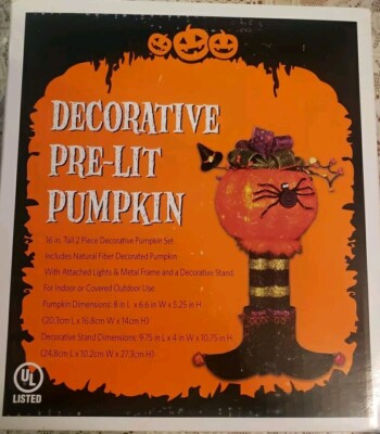 16'' DECORATIVE PRE-LIT HALLOWEEN PUMPKIN/WITCHES FEET STAND-2PC. SET- NEW IN BOX