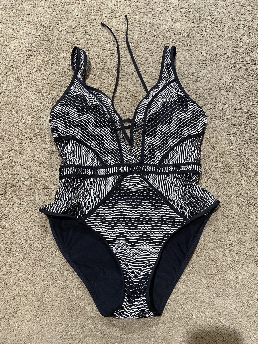 Becca By Rebecca Virtue Women's Black White Mesh Plunge 1-Piece